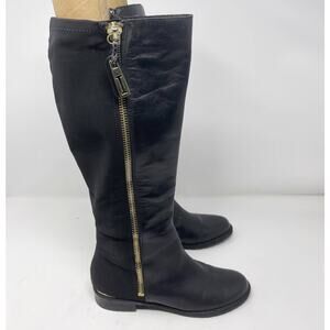 Issac Mizrahi Womens 6 Black Arno Leather Tall Boots Gold Exposed Zipper Flat
